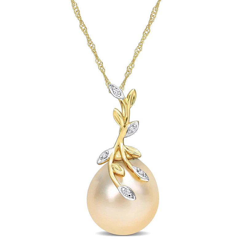 [14K] Yellow Gold Cultured Drop Shape Pearl & Diamond  Necklace