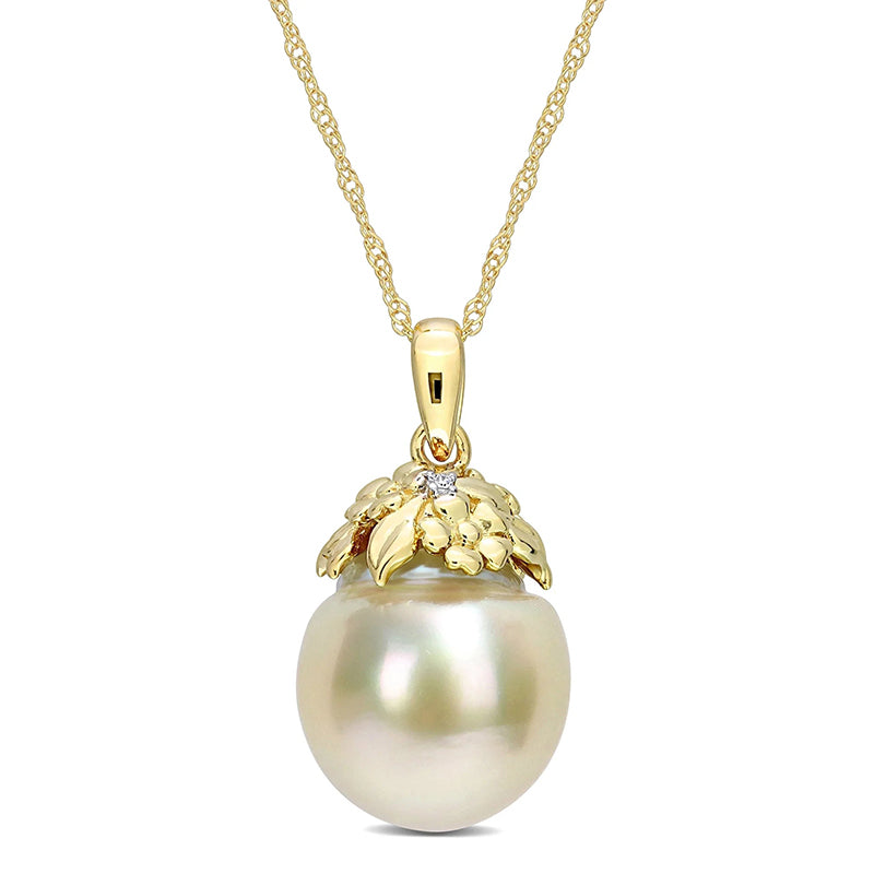 [14K] Yellow Gold Cultured Pearl & Diamond Necklace