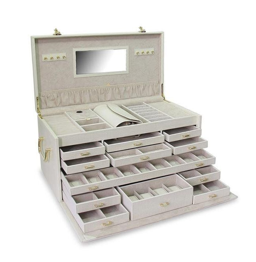 Huge Cream Jewelry Box, Lockable Jewelry Organizer Necklace Ring Earring Watch