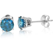 [14K, 1/4 to 2 Cttw] White Gold Blue Diamond Push Back Round Stud Earrings