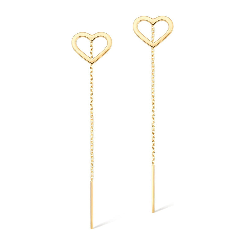 [14K] Solid Gold Open Heart Drop Chain Threader Earrings