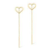 [14K] Solid Gold Open Heart Drop Chain Threader Earrings