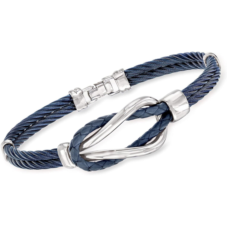 Blue Leather & Stainless Steel Men's Cable Knot Bracelet