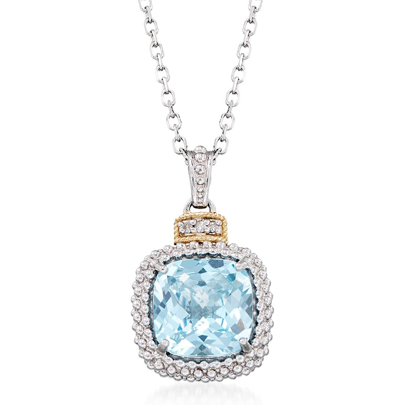 [18K, 4.50 Ct] Yellow Gold Sterling Silver Designer Blue Topaz Pendant Necklace with Diamonds 