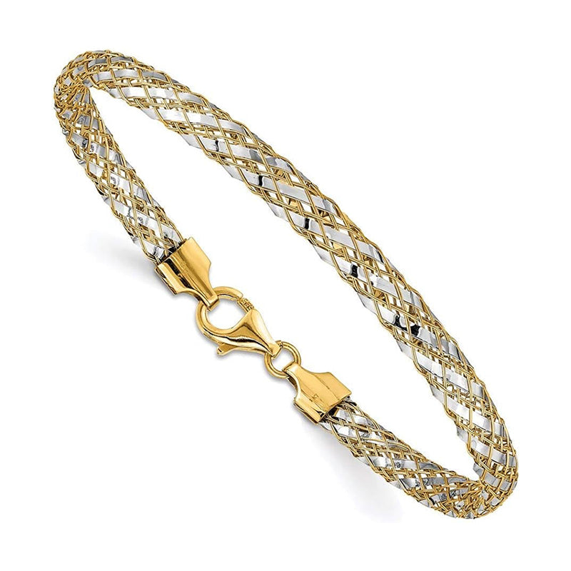 [14K, 5.3 mm] Yellow & White Gold Two-Tone Woven Mesh Bracelet With Secure Lobster Lock Clasp