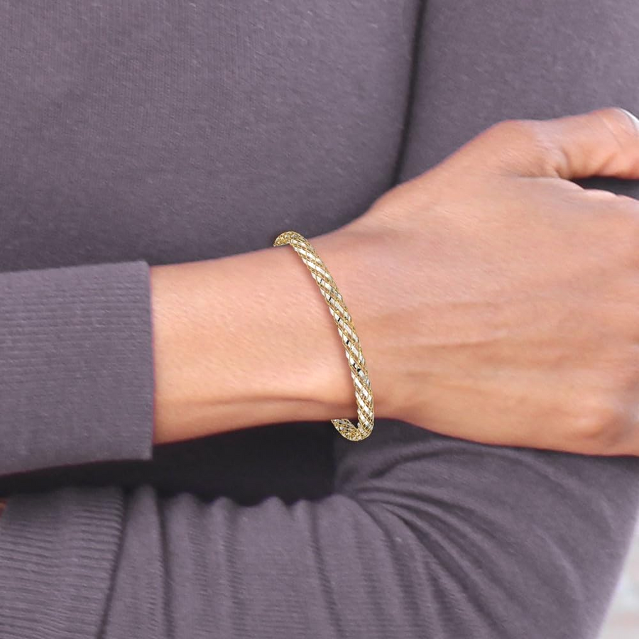 [14K, 5.3 mm] Yellow & White Gold Two-Tone Woven Mesh Bracelet With Secure Lobster Lock Clasp