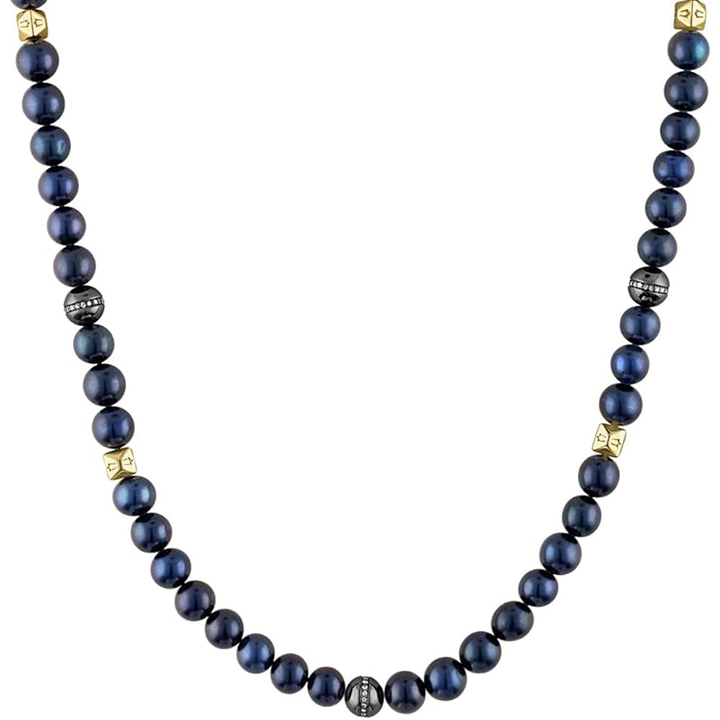 Sterling Silver - Beaded Navy Fresh Water Pearls Accented with Diamonds, and Gold-Tone Hexagonal Spheres Necklace