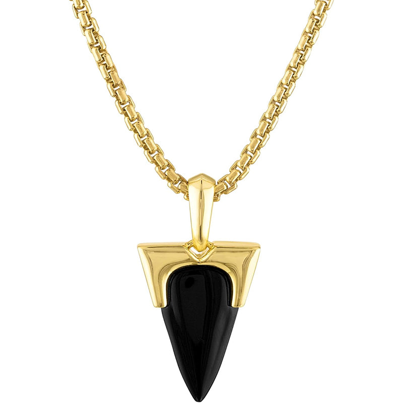 [14K] Gold Plated Sterling Silver Box Link Chain Necklace With Black Onyx Amulet