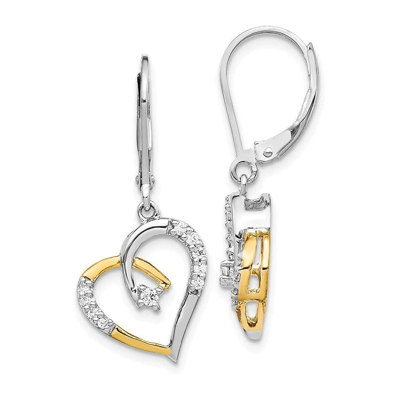 [14K] Yellow & White Gold Diamond Heart Leverback Earrings