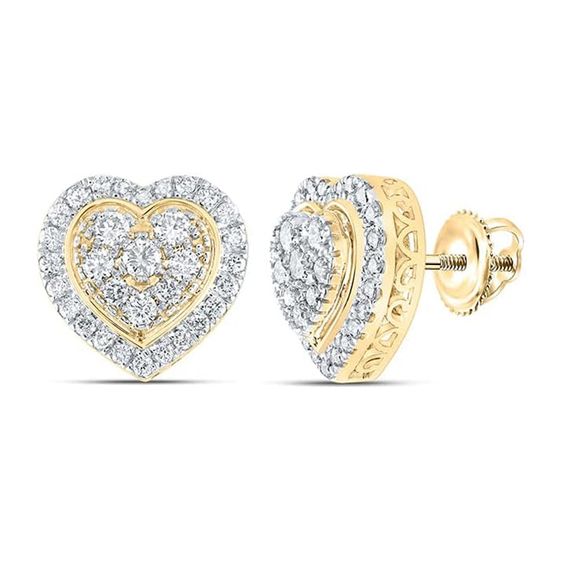 [14K, 1-1/4 Cttw] White or Yellow Gold Round Diamond Heart Earrings 