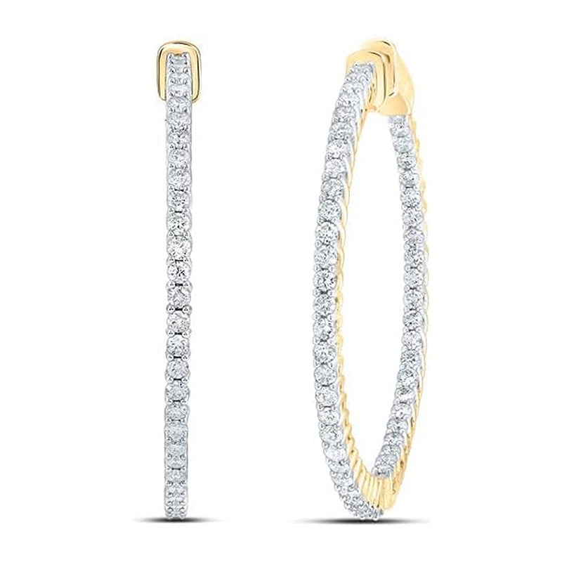 [14Kt, 2 Cttw] Yellow Gold Round Diamond Slender Hoop Earrings 