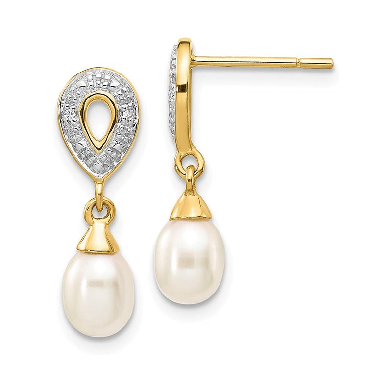 [14K, .01Ct ] Yellow Gold White Teardrop Cultured Pearl Diamond Earrings