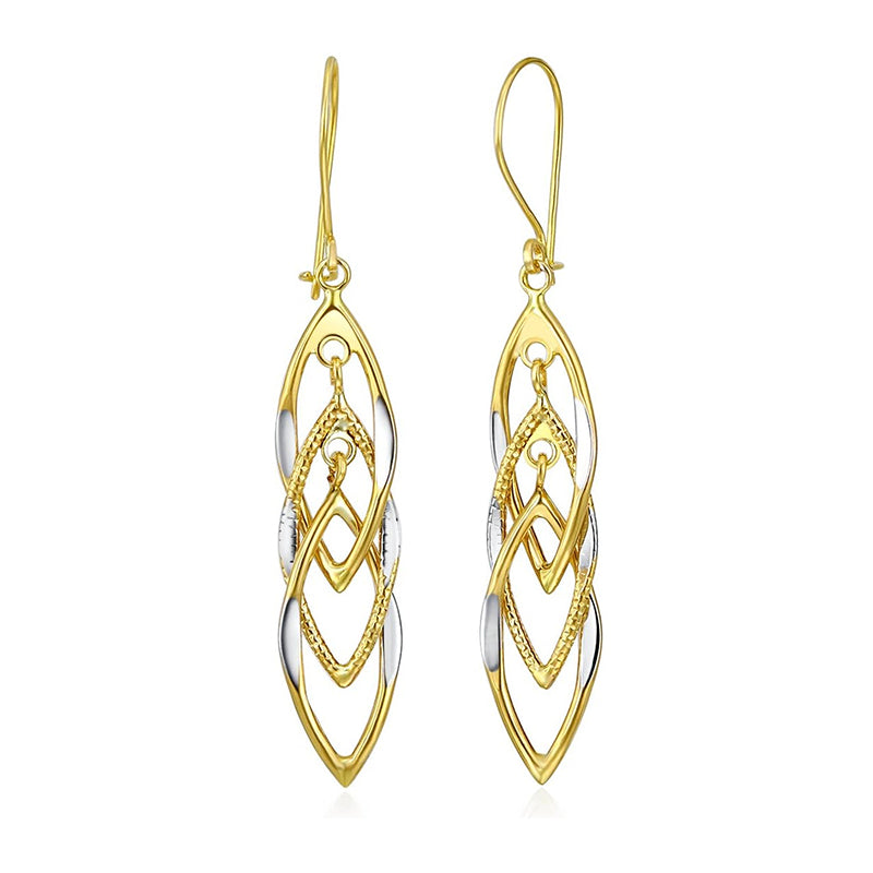 [14K, 10 X 40Mm] Two Tone White & Yellow Gold Polished Fancy Drop Earrings