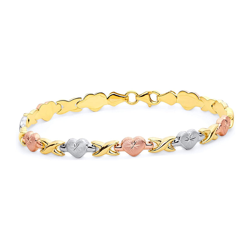 [14K] Tri 3 Color Gold Polished Diamond Cut Stampato Heart Bracelet