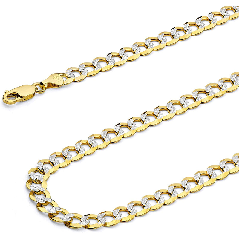 [14K] Two Tone Gold Solid Men'S 5.5Mm Cuban Curb White Pave Chain Necklace with Lobster Claw Clasp