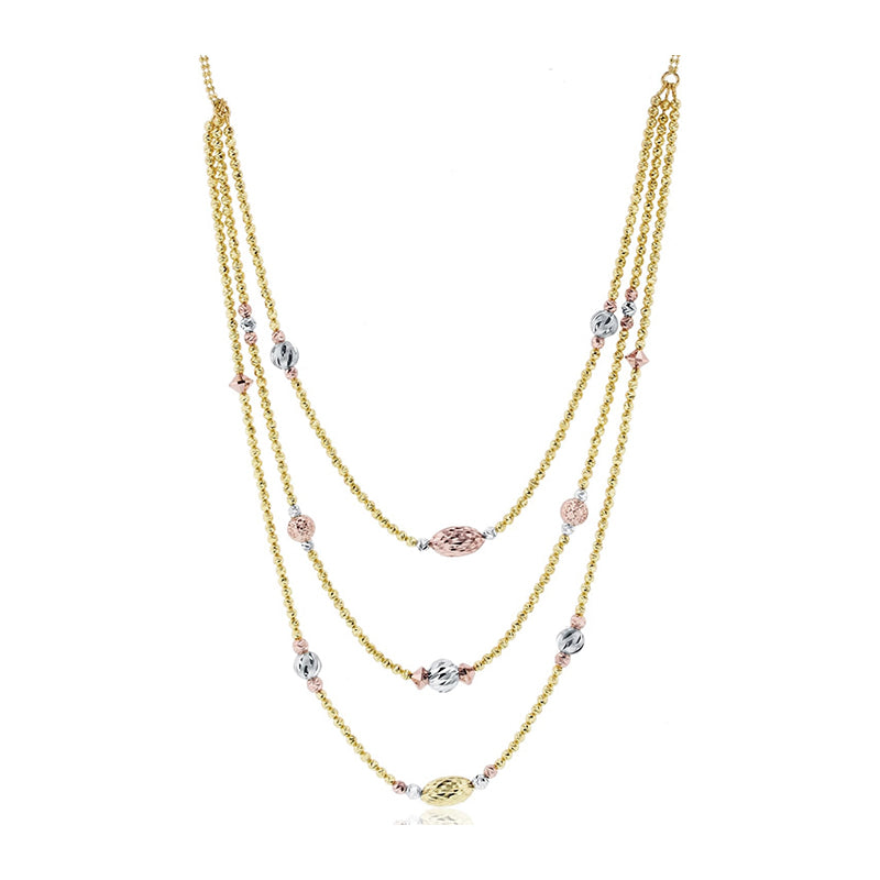 [14K] Gold Tricolor Diamond Cut Satin Beaded 3-Layer Necklace