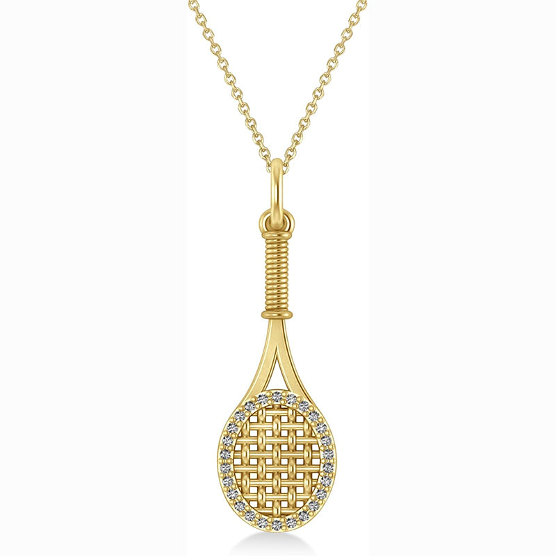 [14K, 0.48Ct] Gold Diamond Accented Tennis Racket Pendant Necklace