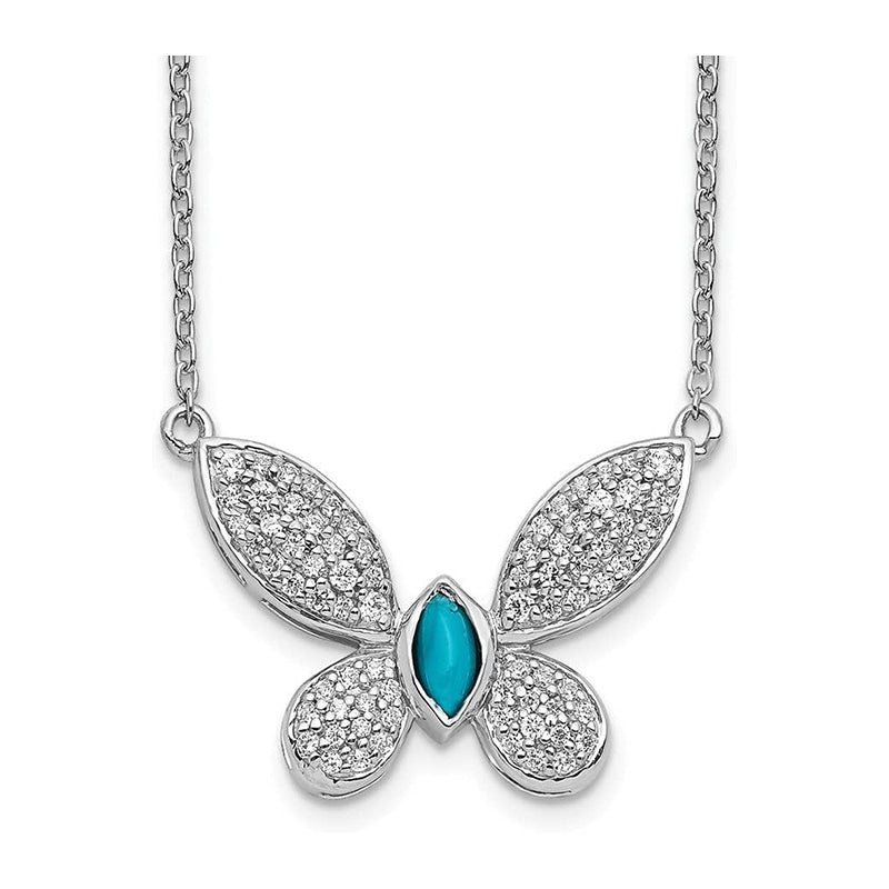 [14K, 0.34Ct] White Gold Diamond & Turquoise Butterfly Necklace 