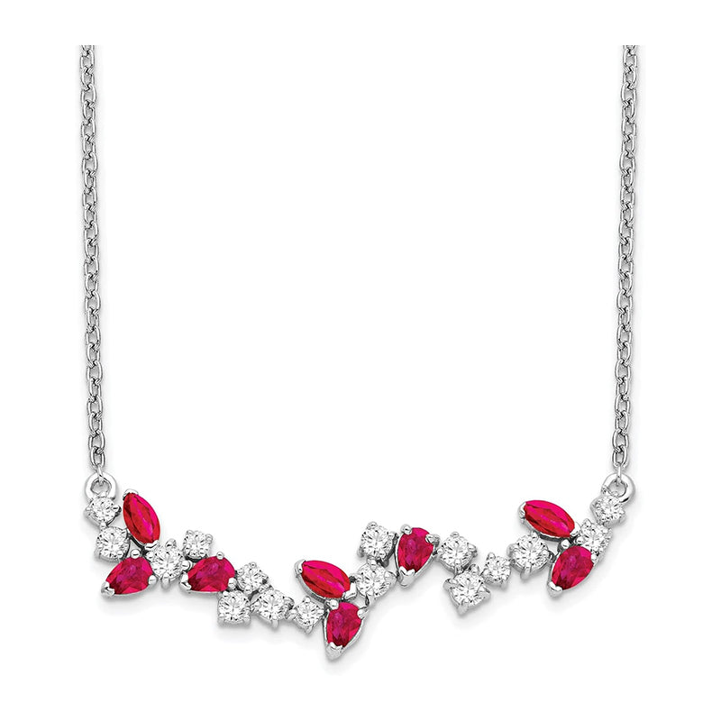 [14K] White Gold Ruby & Diamond 18 Inch Floral Bar Necklace