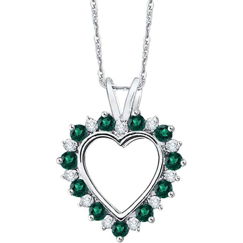 [14K, 5/8 Cttw] White Gold Diamond & Alternating Emerald Heart Pendant Necklace