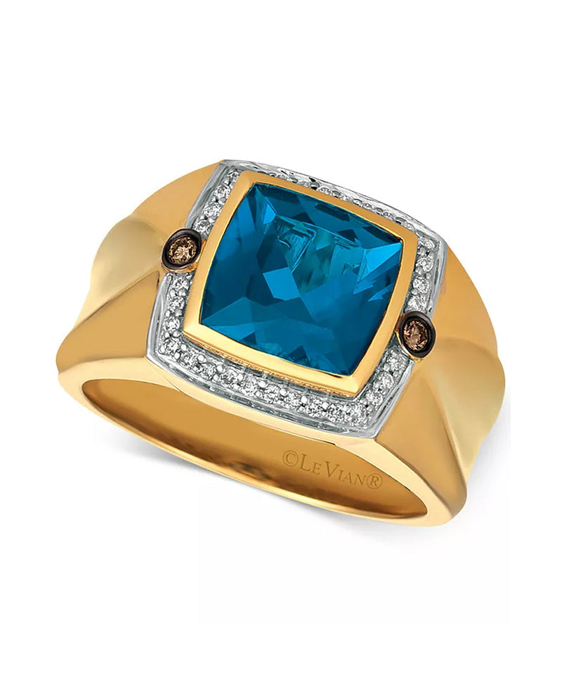 [14K, 4-1/8 Ct. T.W.]  Gold London Blue Topaz & Diamond (1/5 Ct. T.W.) Ring