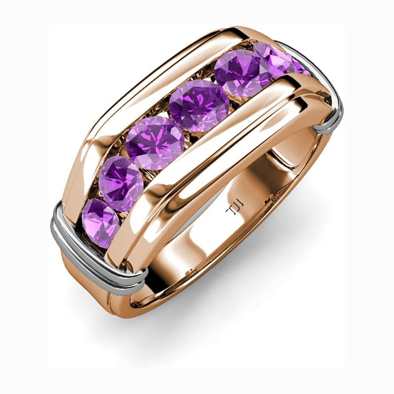 round Amethyst 1 Ctw 7 Stone Channel Set Men Wedding Ring 14K Rose Gold-10