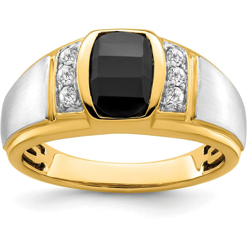 [14K, 0.035 Cttw] Two-Tone Gold Onyx and Diamond Ring