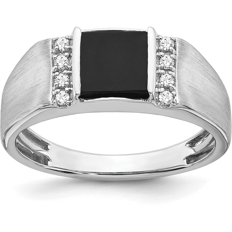 [14K, 0.015 Cttw] White Gold Square Onyx and Diamond Mens Ring