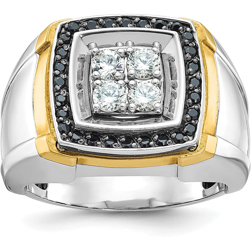 [14K, 3/4 Ct] Gold Two-Tone Polished Black and White Diamond Square Cluster Ring