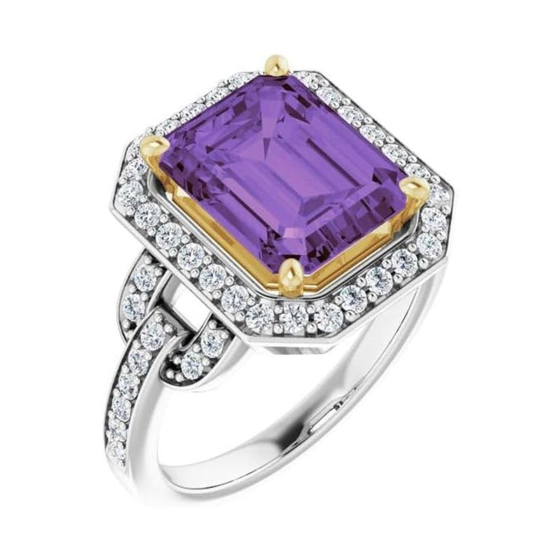 [14K, 1/2 CTW ]Yellow-White Two Tone Gold Amethyst & Diamond Ring