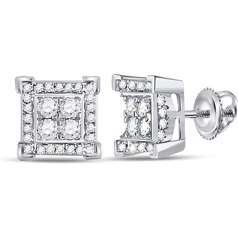 [14K, 1/3 Cttw] White Gold Mens Round Diamonds &Stud  Square Earrings 