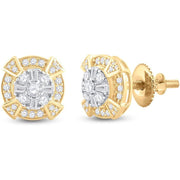 [14K, 3/4 Cttw] Yellow Gold Mens Baguette Diamond Circle Cluster Stud Earrings 