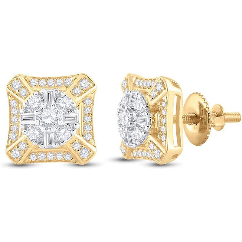 [14K, 3/4 Cttw] Yellow Gold Mens Baguette Diamond Square Cluster Stud Earrings 