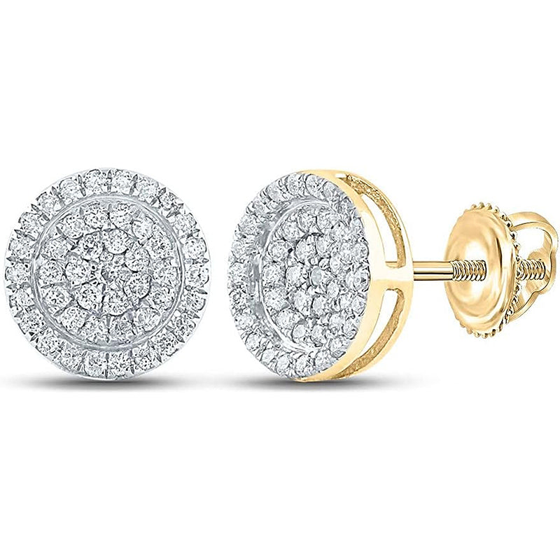 [14K, 1/3 Cttw] Yellow Gold Mens Round Diamond Disk & Circle Stud Earrings 