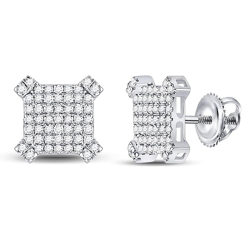 [14K, 1/3 Cttw] White Gold Mens Round Diamonds & Squared Cluster Stud Earrings 