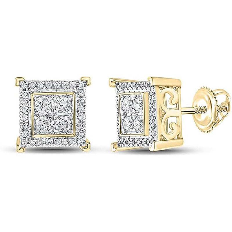 [14K, 1/2 Cttw] Yellow Gold Mens Round Diamonds With Square Stud Earrings 