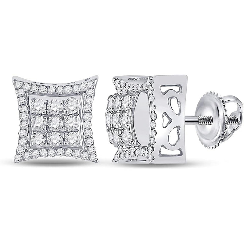 [14K, 5/8 Cttw] White Gold Mens Round Diamond Kite Square Stud Earrings 