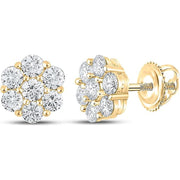 [14K, 1-1/2 Cttw] Yellow Gold Mens Round Diamond Flower Cluster Stud Earrings 