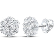 14K, 1-1/2 Cttw] White Gold Mens Round Diamond Flower ClusterStud Earrings 