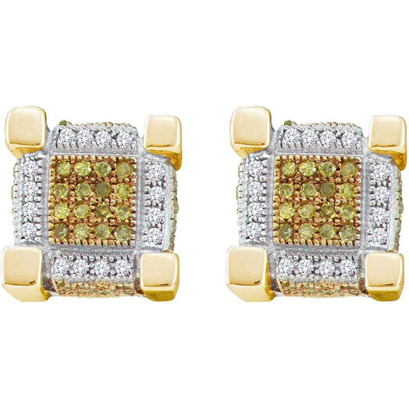 [10K, 1/2 Cttw] Yellow Gold Mens Round Yellow Color Enhanced Diamond 3D Cube Stud Earrings 