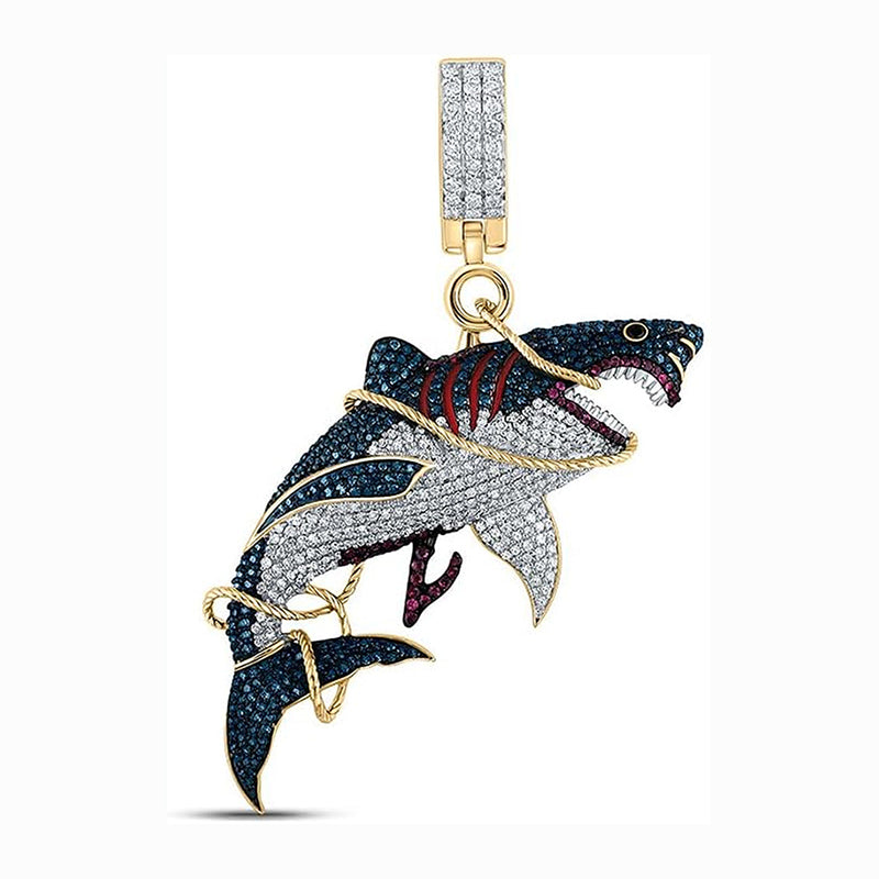 [14K, 1-1/2 Cttw] Yellow Gold Mens Round Diamond Shark Charm Pendant 