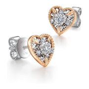 [18K, 0.107 Cttw] White & Rose Gold Heart Diamond Stud Earrings