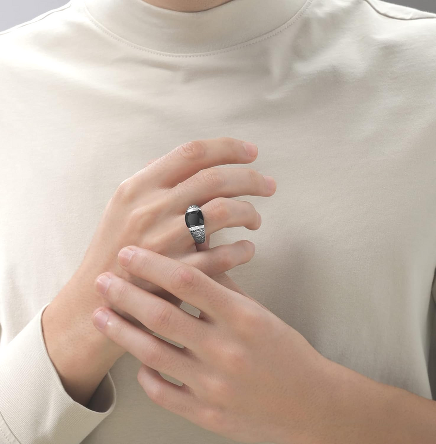 [1/6 Ct.Tw.] Carbonite Black Diamonds and Onyx Silver and Black Rhodium Ring