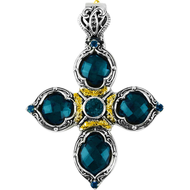 [18K] Yellow Gold Sterling Silver With London Blue Topaz Cross