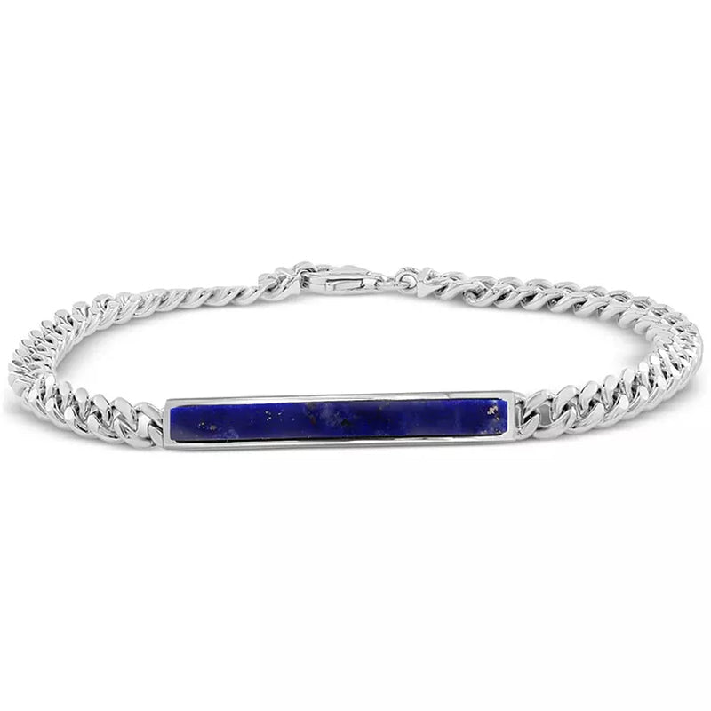 Sterling Silver Men's Lapis Lazuli Bar Curb Link Bracelet