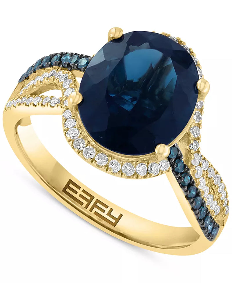 [14K, 4-1/6 Ct. T.W.] Gold  London Blue Topaz & Diamond (1/3 Ct. T.W.) Ring