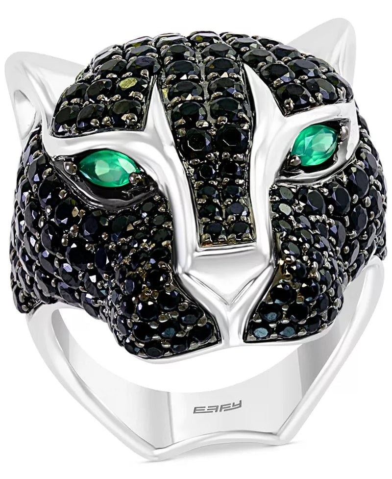 Men's Sterling Silver Black Spinel and Green Onyx Panther Ring