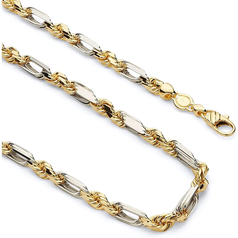 [14K] Two Tone Solid Gold 6.5Mm Figarope Chain Necklace with Lobster Claw Clasp
