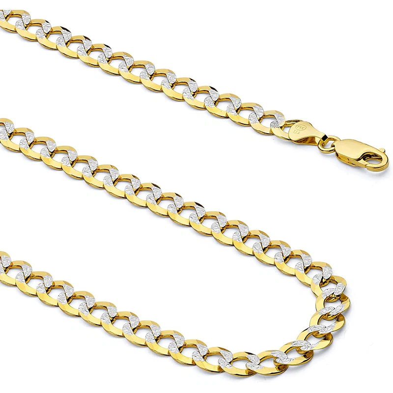 [14K] Two Tone Gold Solid Men'S 5.5Mm Cuban Curb White Pave Chain Necklace with Lobster Claw Clasp
