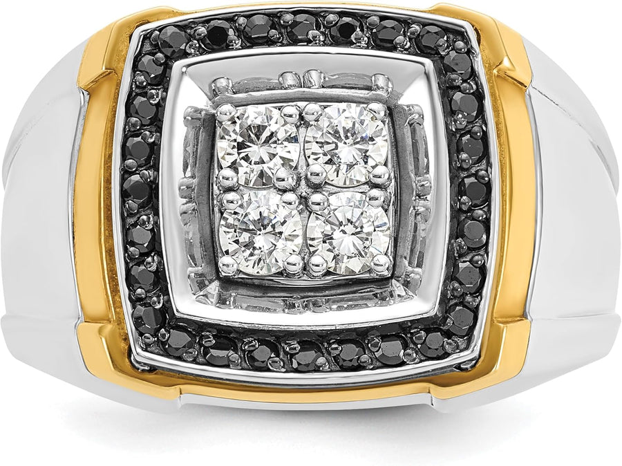 [14K, 3/4 Ct] Gold Two-Tone Polished Black and White Diamond Square Cluster Ring